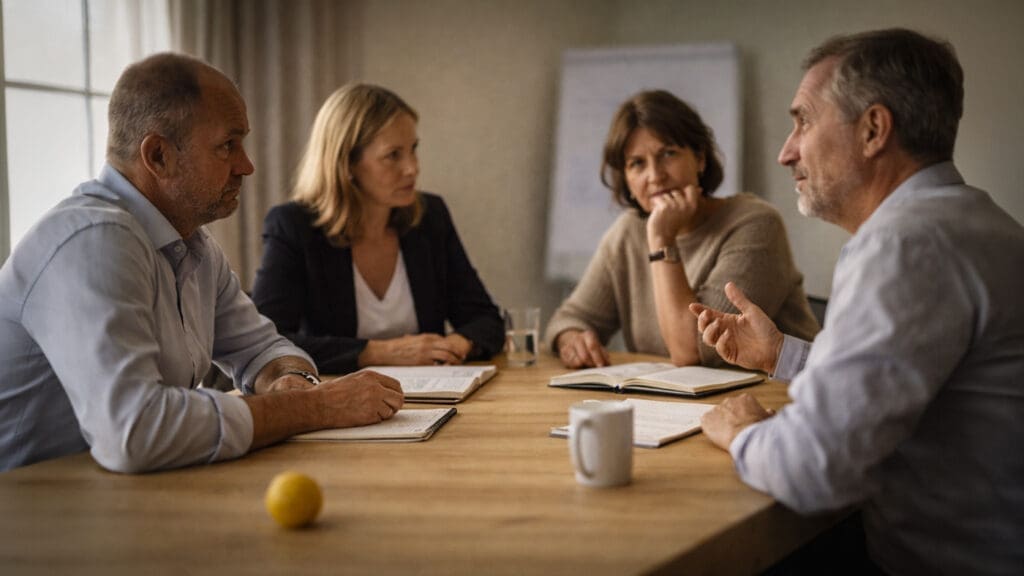 Teamoverleg over organisatieverandering met een gele bal op tafel als subtiel symbool voor beweging