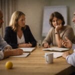 Teamoverleg over organisatieverandering met een gele bal op tafel als subtiel symbool voor beweging