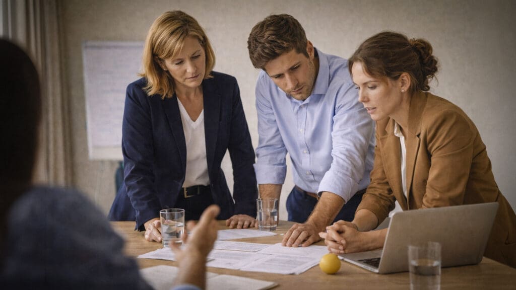 Team buigt zich over documenten tijdens een verandertraject in een organisatie