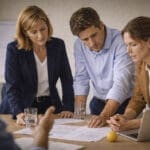 Team buigt zich over documenten tijdens een verandertraject in een organisatie