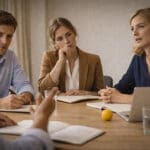 Leidinggevenden in gesprek over verandering en besluitvorming met laptop, notities en gele bal op tafel