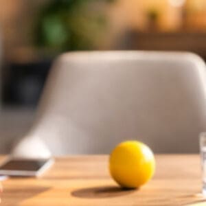 Gele bal op tafel voor een lege stoel als uitnodiging voor een open gesprek met Essentiedenkers.