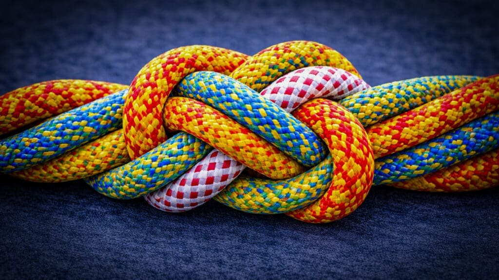 Kleurrijke touwen in een stevige bundel als metafoor voor samenwerken en fusies tussen organisaties