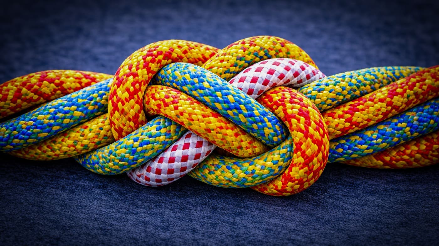 Kleurrijke touwen in een stevige bundel als metafoor voor samenwerken en fusies tussen organisaties