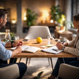Twee mensen in gesprek aan tafel met een lege stoel en een gele bal als beeld voor de werkwijze van Essentiedenkers.