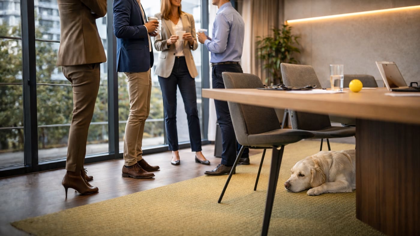 Mensen in gesprek tijdens een werksessie, terwijl Roos rustig onder de vergadertafel ligt