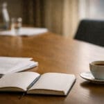 Rustige werktafel met halfopen notitieboek, koffie en documenten in warme professionele setting als beeld bij berusting in organisaties