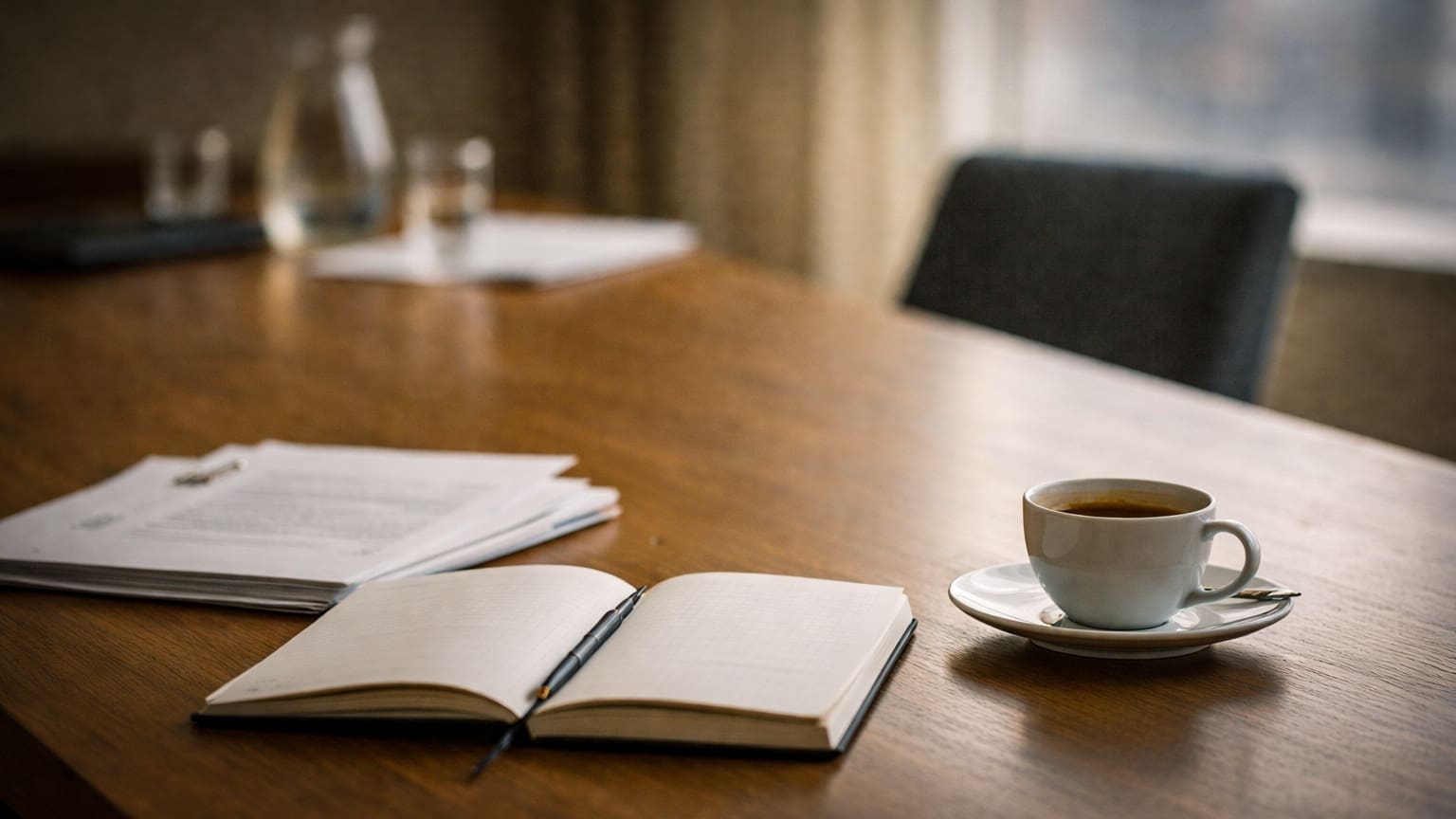 Rustige werktafel met halfopen notitieboek, koffie en documenten in warme professionele setting als beeld bij berusting in organisaties