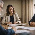 Klein professioneel overleg in warme Europese setting als beeld bij leiderschap, luisteren en scharniertaal