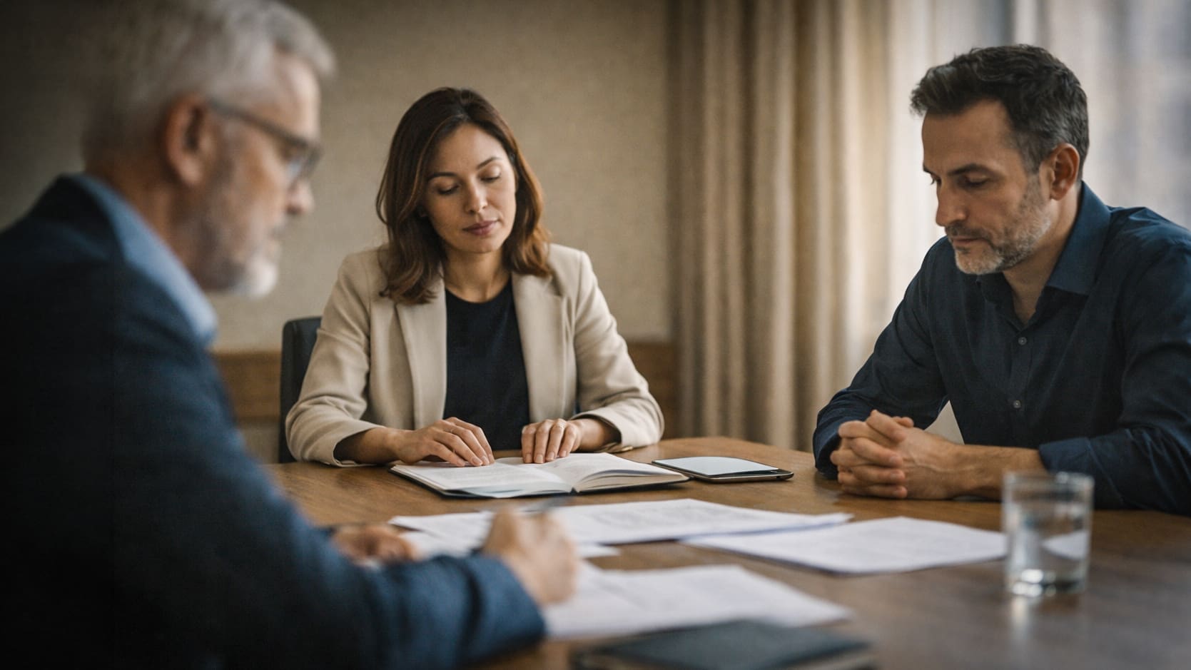 Klein professioneel overleg in warme Europese setting als beeld bij leiderschap, luisteren en scharniertaal