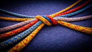Meerdere kleurrijke touwen die vanuit een centrale verbinding uit elkaar lopen als metafoor voor samenwerking zonder uniformiteit