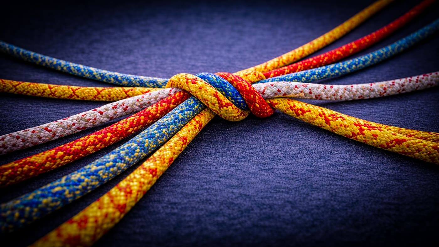 Meerdere kleurrijke touwen die vanuit een centrale verbinding uit elkaar lopen als metafoor voor samenwerking zonder uniformiteit