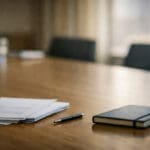 Vergadertafel met documenten en notitieboek in warme professionele setting als beeld bij scharniertaal en verandering