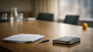 Vergadertafel met documenten en notitieboek in warme professionele setting als beeld bij scharniertaal en verandering