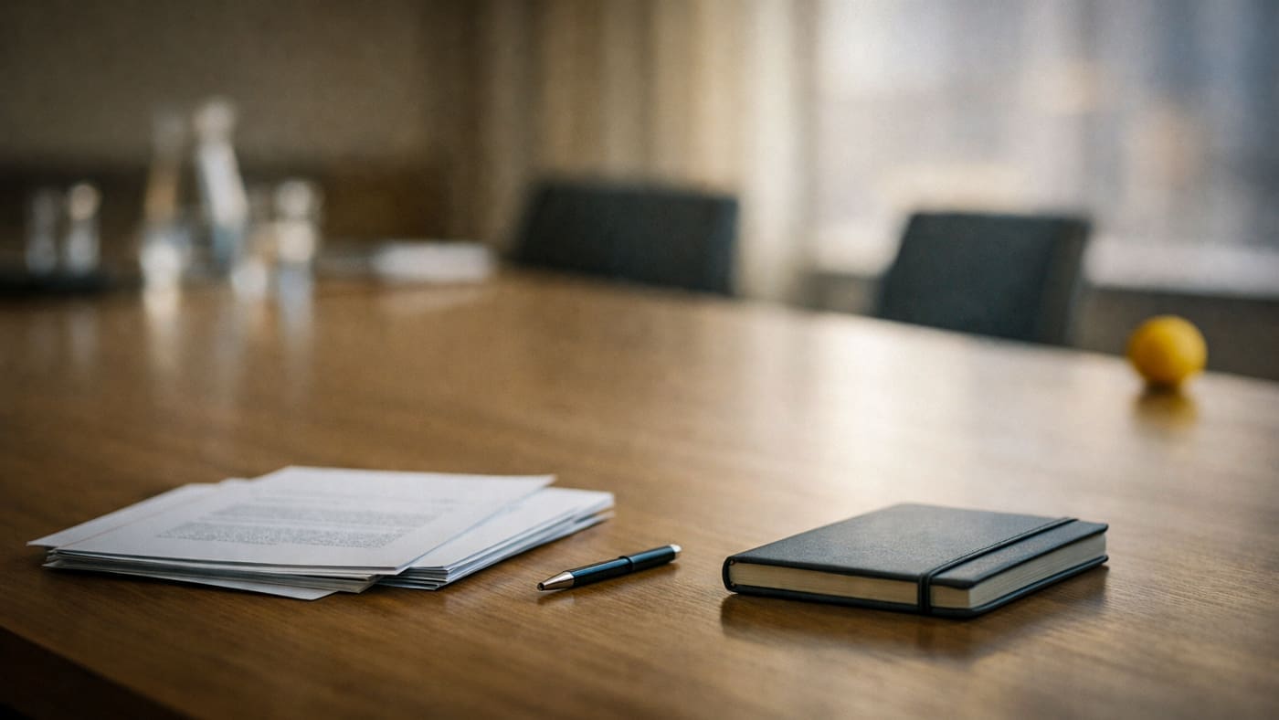 Vergadertafel met documenten en notitieboek in warme professionele setting als beeld bij scharniertaal en verandering