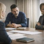 Professioneel overleg met subtiele afstand en spanning als beeld bij onveilige tegenspraak en scharniertaal