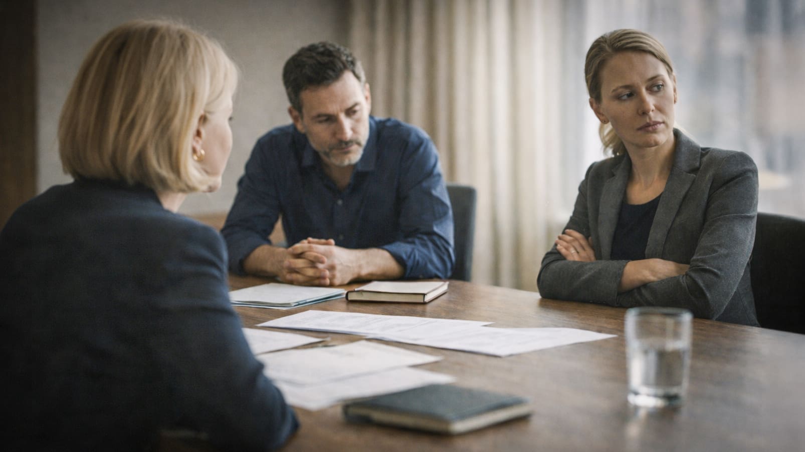 Professioneel overleg met subtiele afstand en spanning als beeld bij onveilige tegenspraak en scharniertaal