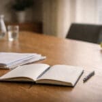 Werktafel met open notitieboek, documenten en subtiele gele bal als beeld bij veranderen van binnenuit en scharniertaal