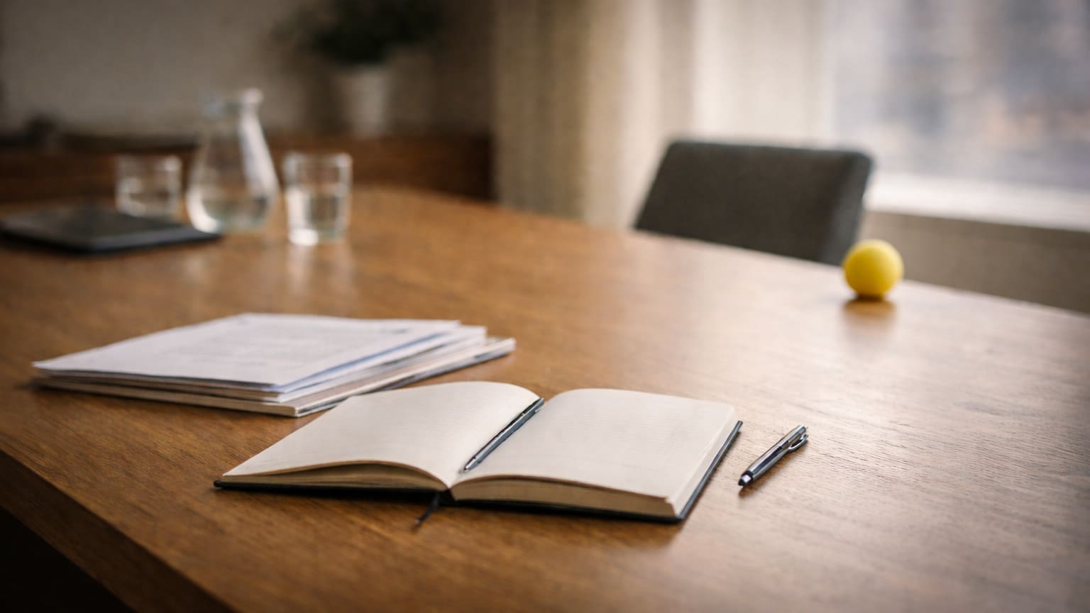 Werktafel met open notitieboek, documenten en subtiele gele bal als beeld bij veranderen van binnenuit en scharniertaal