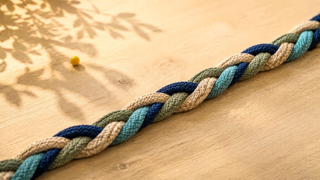 Een gevlochten streng van gekleurde touwen ligt op een houten tafel met een kleine gele bal.
