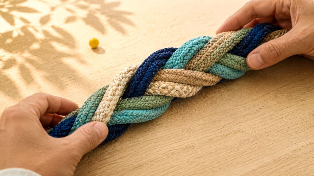 Twee handen houden een gevlochten bundel van gekleurde touwen vast op een houten tafel met een gele bal op de achtergrond.