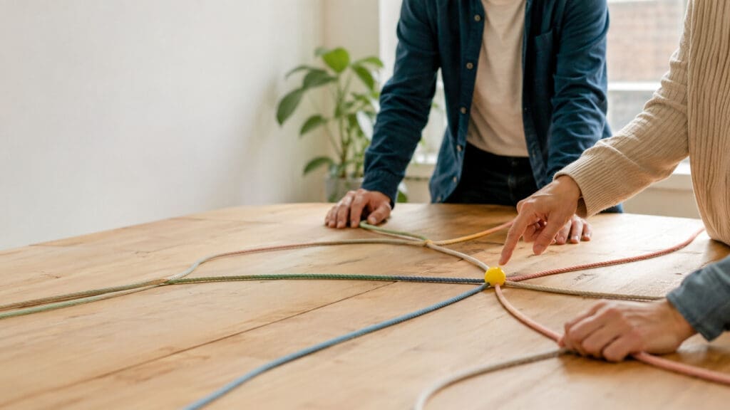 Gekleurde touwen komen samen rond een gele bal op een houten tafel als beeld voor samenwerking met behoud van eigenheid.