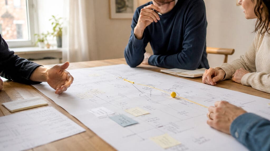 Mensen bespreken een veranderplan op tafel met lijnen, notities en een gele bal als markering van waar verandering vastloopt.