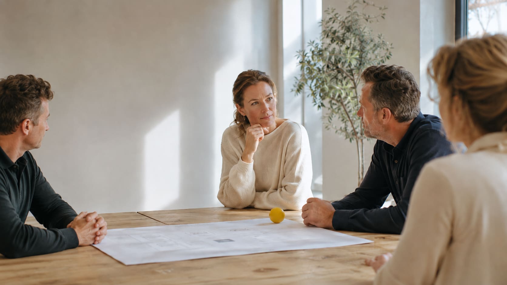 Mensen voeren een aandachtig gesprek over verandering met een gele bal op tafel.
